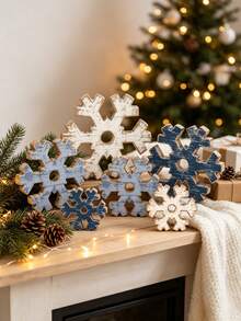 6 Piece Set Winter Wooden Snowflake Decor Rustic Farmhouse Christmas Table Sign Wonderland Wood Block Ornament For Mantel Shelf Fireplace Holiday Party Home Kitchen Celebration Gift For Housewarming Anniversary - multicolor - View 5