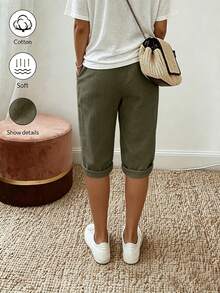 SHEIN Holidaya Apricot Textured Pure Cotton Waist-Cinching Tie Shorts For Women, Holiday, Commute, Beach Vacation, Island Vacation - Dark Green - View 2