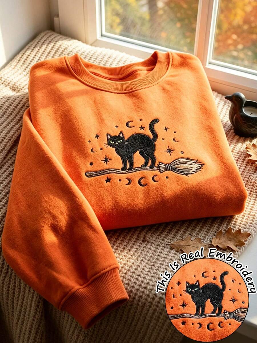 SHEIN Sweatshirt Bordir Halloween Wanita – Pullover Leher Bulat Bergambar Penyihir Kucing Hitam Lucu – Atasan Kasual Hangat Berlapisan Bulu Ukuran Besar - Jeruk - View 1