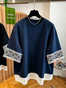 Franclia Plus Size Lace Patchwork Short Sleeve Round Neck T-Shirt - Navy Blue - View 3
