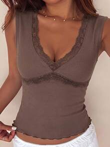 Ure Wave T-shirt tricoté femme marron moka d'été décontracté polyvalent Y2K sexy avec patchwork en dentelle, top pour sorties et soirées - Marron - Voir 2