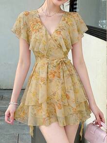 Celisse Semi-Transparent Ruffle Trim Collar Short Dress Digital Print Slim Yellow Floral V-Neck Ruffle Chiffon Mini Dress - Pale Yellow - View 4