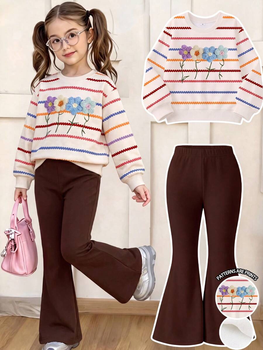 SHEIN Elladie kids 女童2件套,田園甜美棕色花卉3D效果印花長袖抓絨衛衣上衣+喇叭褲,柔軟套裝,秋冬季 - 彩色 - 查看 1