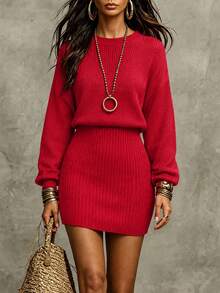 SHEIN Casual Solid Color Knit Dress, Autumn/Winter - Red - View 1