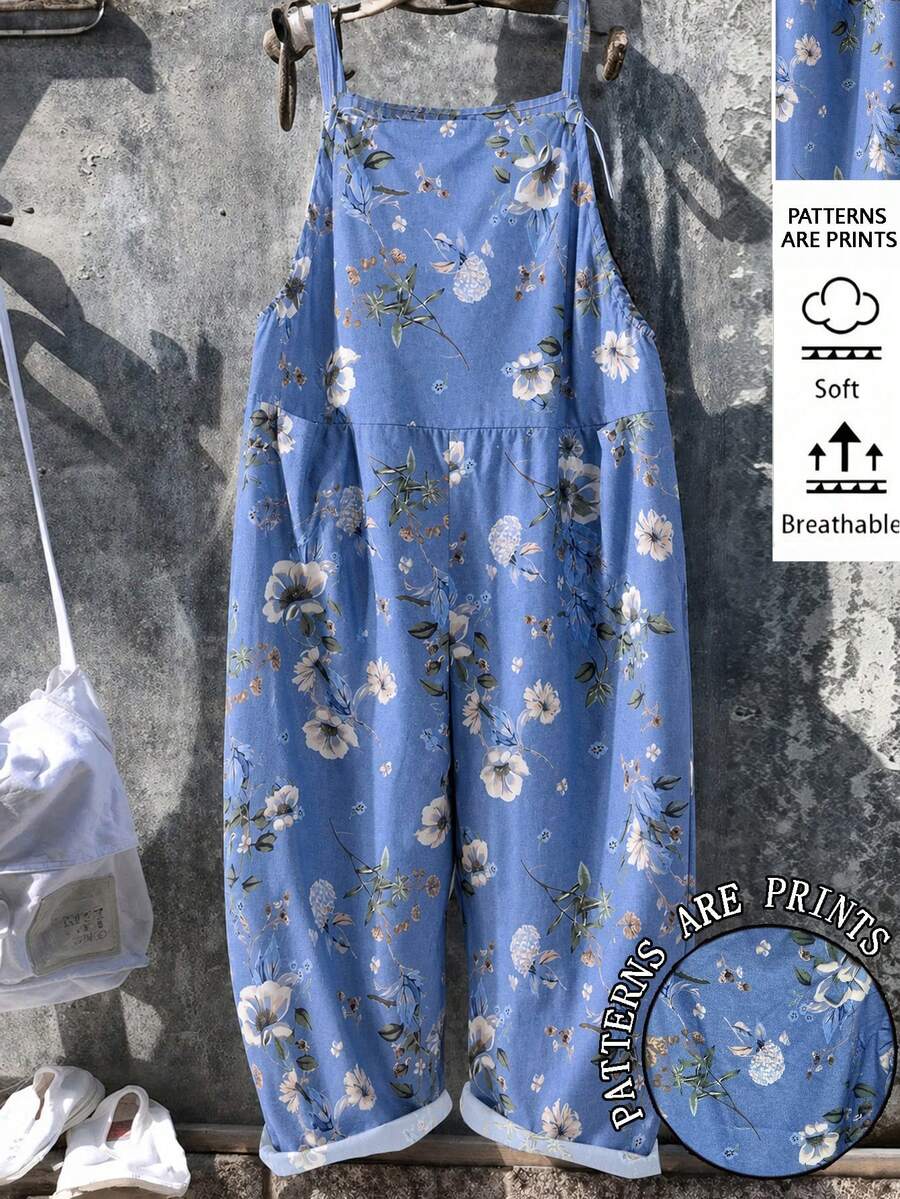 EMERY ROSE 大尺碼女款休閒百搭丹寧效果數位印花連身褲,適合外出與休閒穿著 - 藍色 - 查看 1