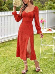 KARISMINA Women's Red Midi Dress Puff Sleeve Printed Cinched Waist Pleated Banquet Reception Banquet Celebration Festive Charming Attractive Appealing Holiday - Red - View 14