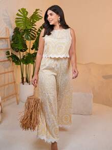 The Leen Edit Women's Summer Vacation Embroidered Shell Trim Camisole And Pants 2 Pieces Set,Summer Outfits For Women Elegant - Yellow - View 1