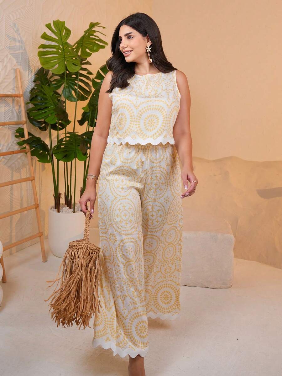 The Leen Edit Women's Summer Vacation Embroidered Shell Trim Camisole And Pants 2 Pieces Set,Summer Outfits For Women Elegant - Yellow - View 1