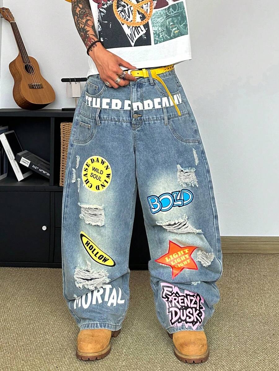 STEELVANCE Streetwear Retro Fashion Versatile Distressed Washed Patchwork Ripped Raw Edge Graphic Design Loose Straight Leg Wide Leg Casual Denim Jeans (Belt And Accessories Not Included) - Blue - View 1