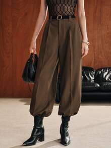 Anewsta Spring/Autumn Elegant Commute Work Outfits Center Pleated High Waist Straight Leg Long Pants Suit Pants, Suitable For Commute, Daily Wear And Date Outfits - Army Green - View 3