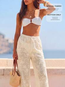 CAJUNI Women's Vacation Embroidered Sheer Casual Drawstring Waist Long Pants Beach - Cream - View 8