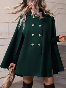 SHEIN Clasi 女款純色雙排扣優雅羊毛披風大衣 - 墨綠色 - 查看 3