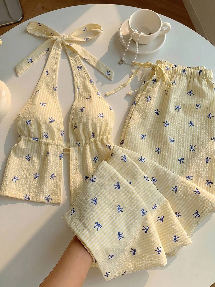 Comfortcana Women's Bow Pattern Halter Neck Tank Top And Pants 2 Pieces Set Beach Brunch Blue And White Stripe Summer Cute - Yellow - View 1