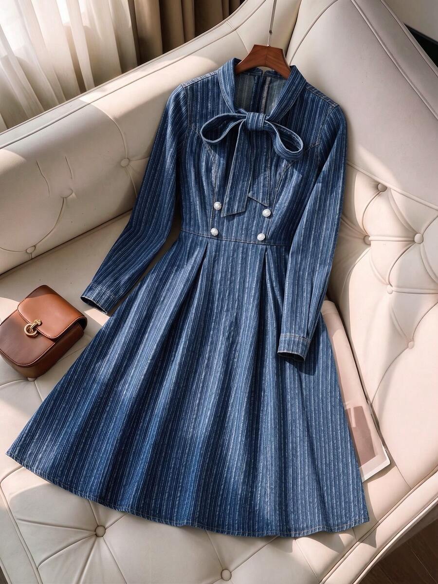GlowEve Women's Bowknot Casual Elegant Daily Autumn Denim Dress Office Tea Party Blue And White Stripe Retro 90s Fformal Office Tea Party
