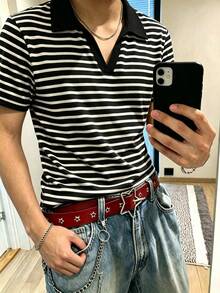 Resyla Men 男士黑白條紋 Polo 衫，經典休閒航海風，美式復古韓系簡約修身，度假夏季款 - 彩色 - 查看 3