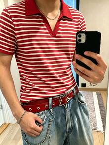 Resyla Men 男士紅白色條紋 Polo 衫，經典航海風美式復古熱帶風，韓系 Cleanfit 極簡日系休閒夏季款 - 彩色 - 查看 3