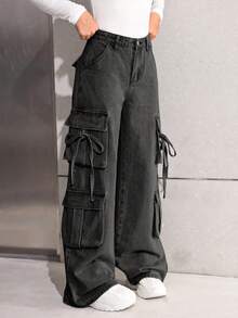 SHEIN Teen Girls Grey Denim Long Cargo Jeans With Zipper And Drawstring Detail - Grey - View 4