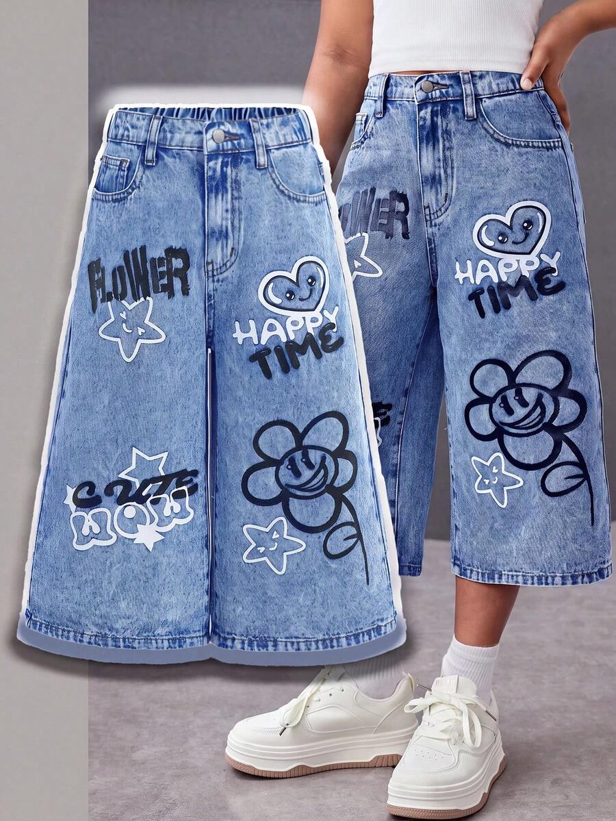 SHEIN 青少年女孩時尚休閒街頭風 Y2k 笑容花卉圖案水藍色寬腳七分牛仔褲 柔軟日常穿搭 夏季 派對音樂節 海灘 校園 - 深色水洗藍 - 查看 1