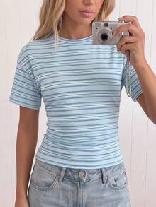 SHEIN Tween Girl Summer Casual Blue Striped Waist-Cinching T-Shirt Back-To-School Top - Blue - View 10