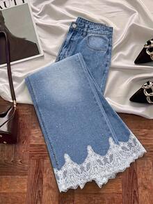 GlowEve Women's Casual Versatile Daily Wear Denim Jeans With Pocket, Button And Lace Patchwork - Blue - View 2