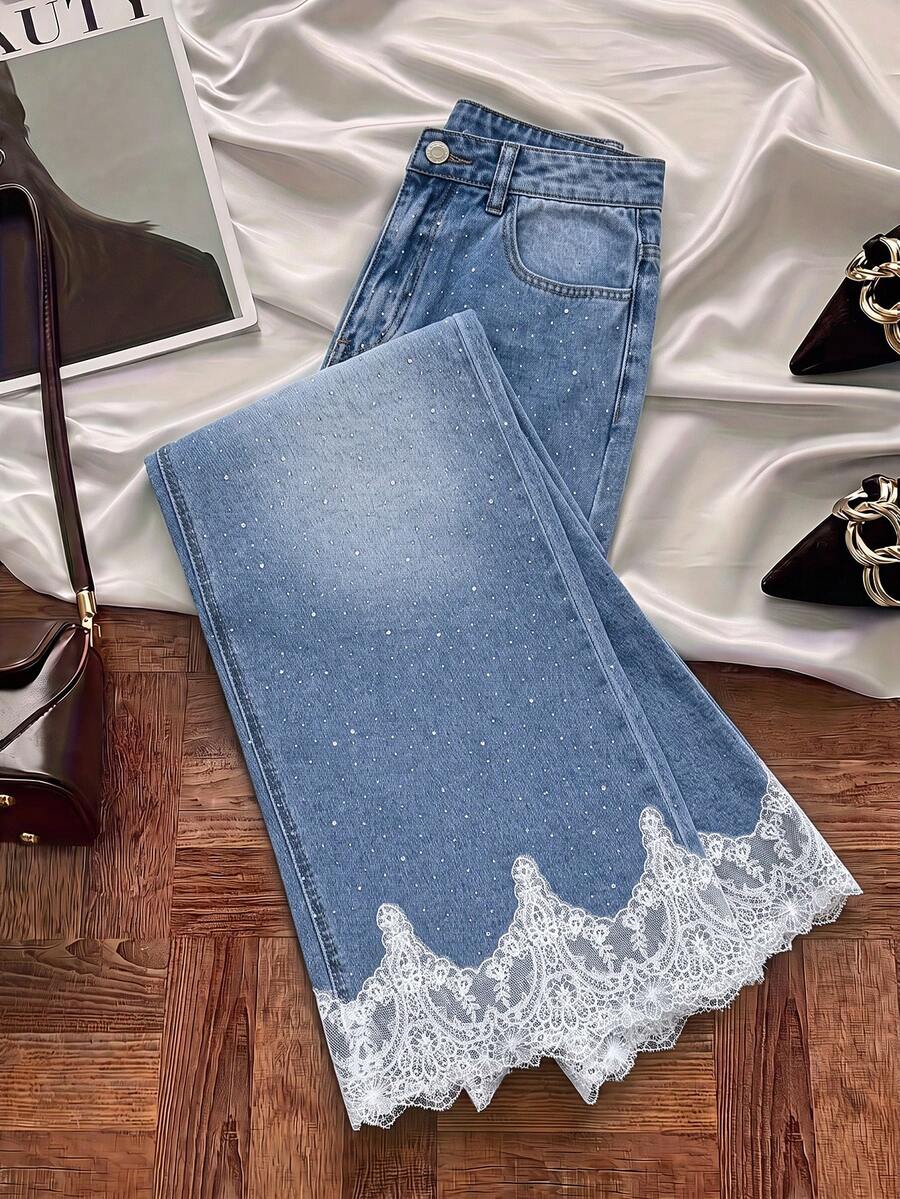 GlowEve Women's Casual Versatile Daily Wear Denim Jeans With Pocket, Button And Lace Patchwork
