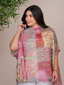 The Leen Edit Loose Fit Batwing Sleeve Tie Front Random Print Blouse, Plus Size Vacation Summer - Multicolor - View 3