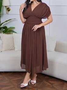 The Leen Edit Women's Elegant Summer Dark Brown Crossover Pleated Batwing Sleeve Ruffle Hem Dress,Suitable For Dining,Annual Meetings,Festivals & Formal Party Dress - Brown - View 6