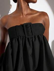 Aveloria GENKIRA Spring/Summer Solid Apricot Khaki Strapless Top With Belt Buckle Decor, Waist-Defining Balloon Hem, Elegant Chic Modern Runway Style, Versatile For Commute, Casual, Beach Vacation, Y2K Sexy - Black - View 2