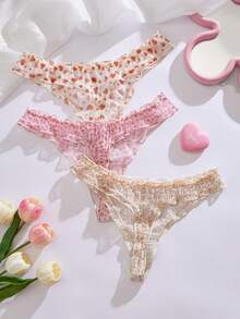 SHEIN 3件組女款低腰網布印花荷葉邊丁字褲內褲 - 彩色 - 查看 2