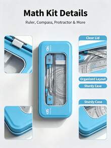 Math Geometry Drawing Tool Set With Compass, Rulers, Eraser, Pencil Sharpener And Blue Storage Box. Back‑To‑School Stationery For Student Campus Use. - Multicolor - View 6