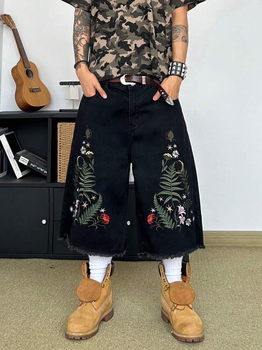 STEELVANCE 男士花卉圖案休閒日常牛仔短褲 - 黑色 - 查看 1