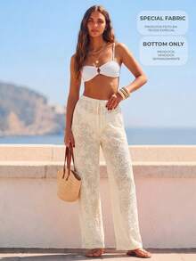 CAJUNI Women's Vacation Embroidered Sheer Casual Drawstring Waist Long Pants Beach - Cream - View 9