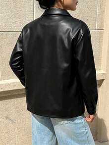 INAWLY Women's Solid Color PU Leather Casual Versatile Daily Long Sleeve Jacket - Black - View 2