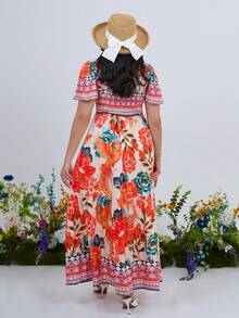 The Leen Edit Women's Elegant Casual Comfortable Vintage Romantic Holiday Beach Tropical Digital Print Ruffle Hem A-Line Dress (Random Print), Spring/Summer - Burnt Orange - View 2
