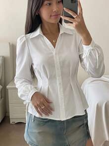 SHEIN Tween女孩童裝秋冬休閒優雅學院風百褶腰V領前排扣長袖白色襯衫，適合返校季、秋冬出遊與日常穿著 - 白色 - 查看 4