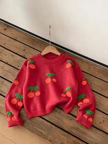 SHEIN Genkimix Kids Fashion Casual Sweet Cherry Pullover Sweater For Girls - Burgundy - View 3