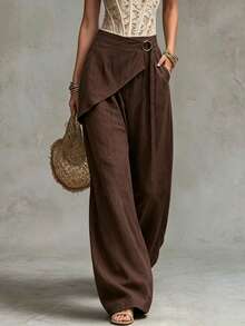 LUMIGAL Vintage Casual Commute Elegant Linen Circle Decor Asymmetrical Hem Screen Tie Pocket Wide Leg Long Pants - Brown - View 1