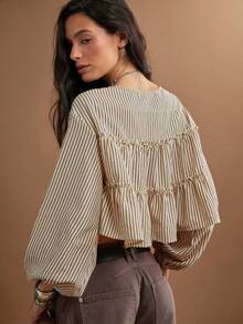 WESTFADE Striped Tiered Ruffle Long Sleeve Top, Fall, Winter, Autumn, Female Country Look, Cute Basic Top, Cowgirl, Rodeo, Back To School - Multicolor - View 5