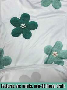 綠色多彩花卉圖案女款T恤，花朵珍珠印花圓領短袖甜美休閒上衣，時尚學院風，適合日常購物、度假穿著、返校穿搭，鄉村度假莊園黃色花卉可愛日系風 - 彩色 - 查看 6