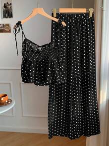 SHEIN CURVE+ 女款大尺碼條紋波點短袖圓領寬鬆1950年代復古Flapper 1920年代夏季兩件套優雅度假黑白配色 - 黑與白 - 查看 2