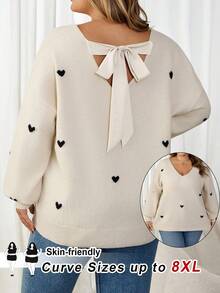 SHEIN CURVE+ 大尺碼女款心形圖案V領露背休閒可愛仙氣優雅毛衣，秋季約會之夜度假晚裝，黑白配色 - 杏色 - 查看 7