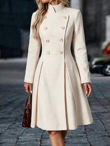 SHEIN LUNE Women's Solid Color Wool Fabric Design Stand Collar Cinched Waist Flared Long Sleeve Button-Front Elegant Sophisticated Elegant Autumn Winter Overcoat New Essential Fashion Item Niche Design Versatile Long Coat - Apricot - View 3