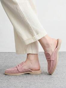CUCCOO BIZCHIC 時尚女款粉色麂皮鏤空舒適通勤女穆勒鞋 平底女鞋 適合戶外度假購物上班、日常通勤 百搭平底女鞋 - 粉色 - 查看 8