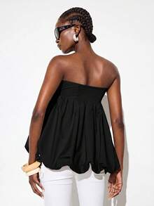 Aveloria GENKIRA Spring/Summer Solid Apricot Khaki Strapless Top With Belt Buckle Decor, Waist-Defining Balloon Hem, Elegant Chic Modern Runway Style, Versatile For Commute, Casual, Beach Vacation, Y2K Sexy - Black - View 7