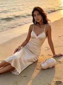 SHEIN Women's Elegant Lace Patchwork Pleated Back Slit Spaghetti Strap Dress - Beige - View 6