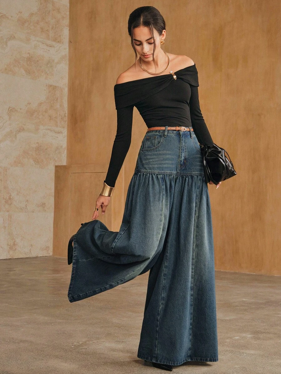 Anewsta Women's New Fashion Design Patchwork Vintage Nostalgic Washed Blue Jeans Wide Leg Pants - Blue - View 1