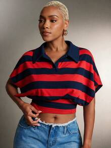 Denimoi Cinched Waist Collared Striped Polo Top Fashionable Tops Collared Top - Red - View 5