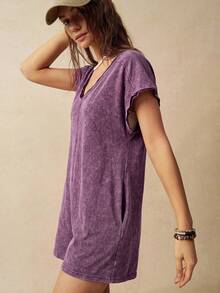 Bohemela Busana Wanita Minimalis Kasual Model Romper Leher V Gaya Jalanan Liburan Musim Panas Warna Ungu Muda - Purple - View 4