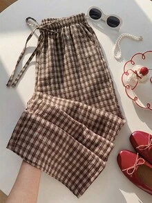 Comfortcana Chocolate Brown Summer Smart Casual Everyday Plaid Casual Pants,Loose Drawstring Waist Pleated Wide Leg Pants Plus Size Countryside Style Trousers - Brown - View 7