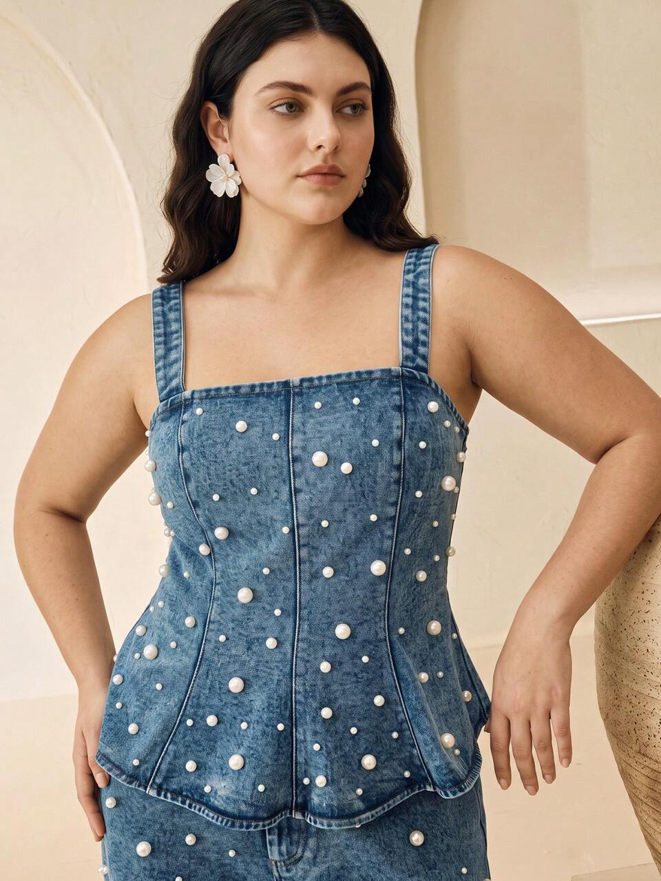 Fashionable Modern Heavy-Duty Light Luxury Pearl Beaded Design Women's Set, Cinched Waist Hem Ruffle Niche Design Camisole Top Paired With Elegant High-Waist Curved Leg Denim Jeans, Blue Women's Denim Outfit